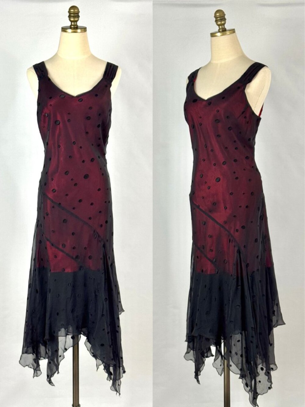 Vtg Y2K Black & Red Silk Dress Asymmetrical Handkerchief Hem Whimsigoth Vamp